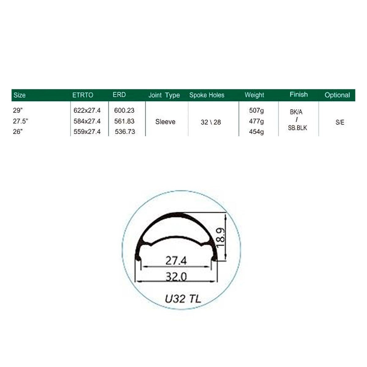 Llanta Weinmann 29 U32 TL 32H Presta Con Ojetillos